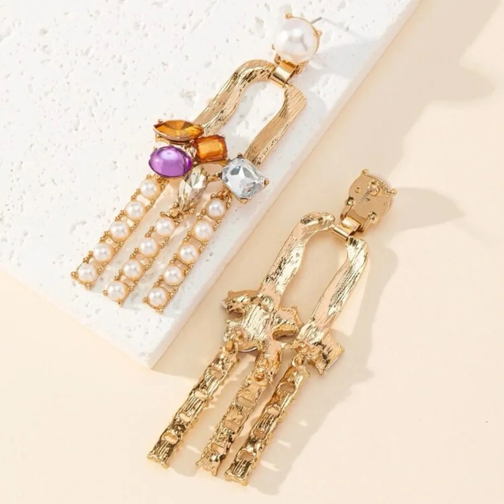 Statement Gold-Tone Earrings with Colorful Stones & Faux Pearl Strands
